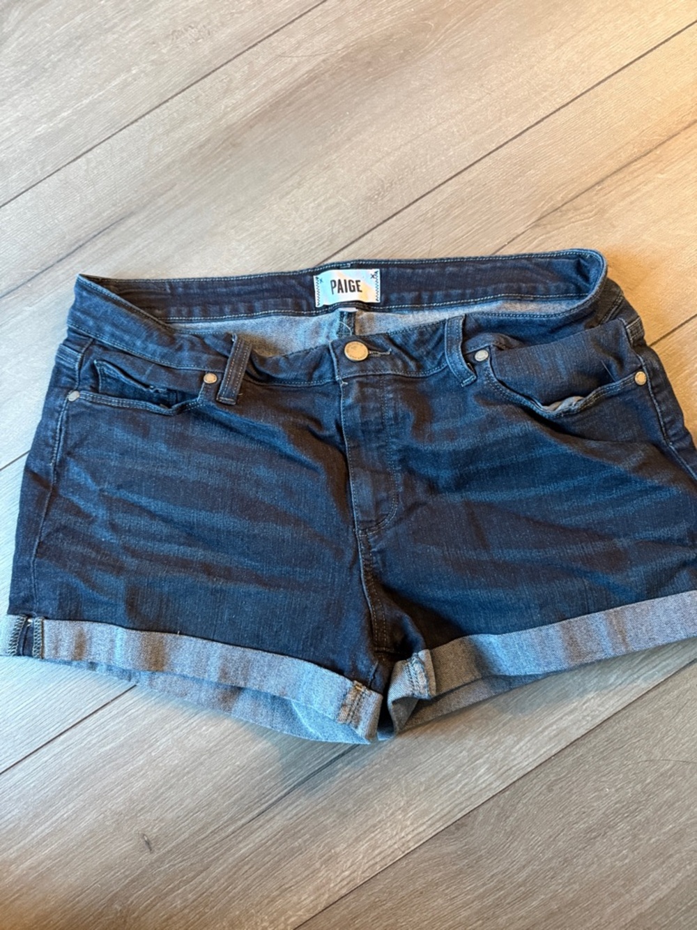 PAIGE Dark Indigo Rolled Hem Denim Shorts